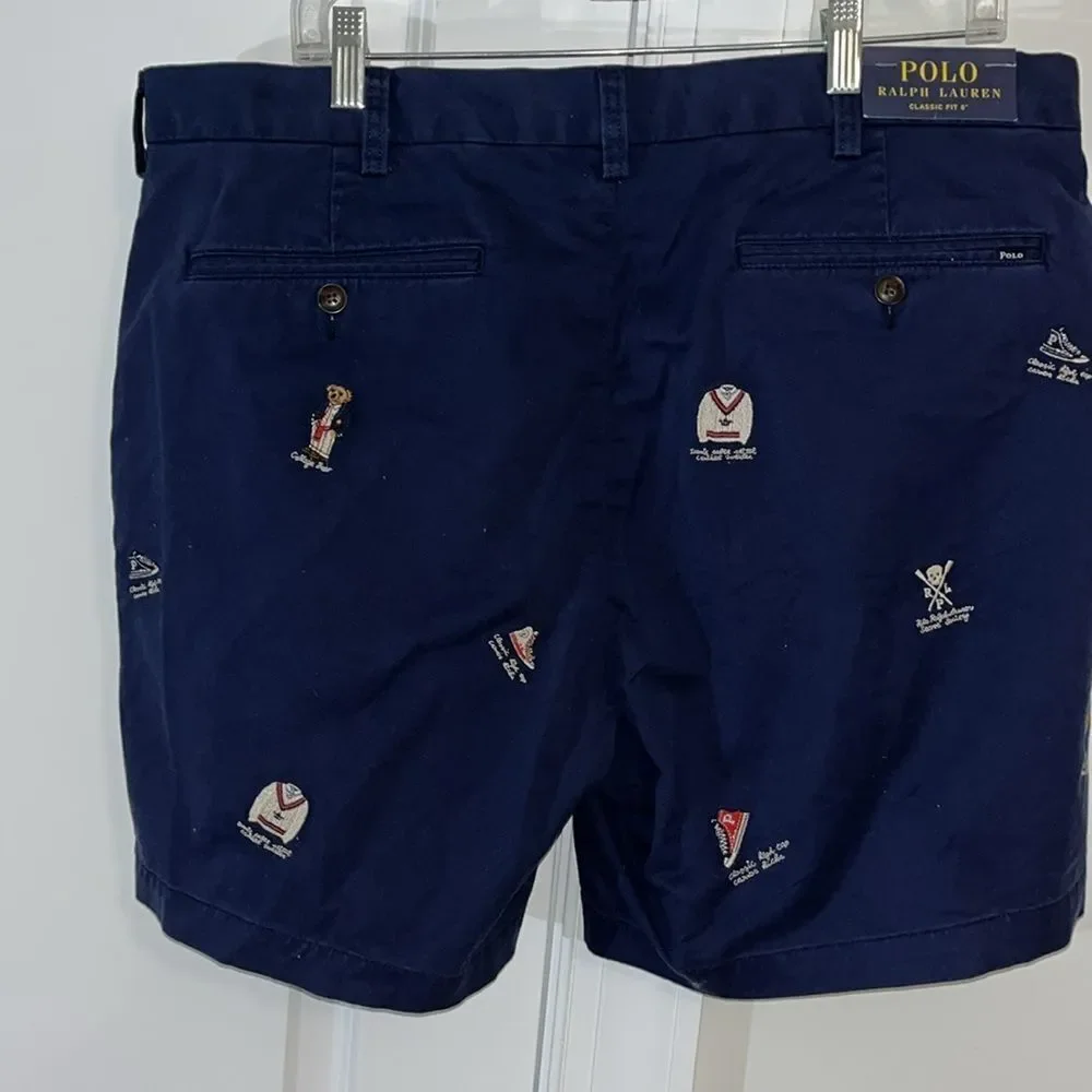 New POLO RALPH LAUREN Men’s Navy Blue Embroidered Sewn Polo Bear Shorts Pwing